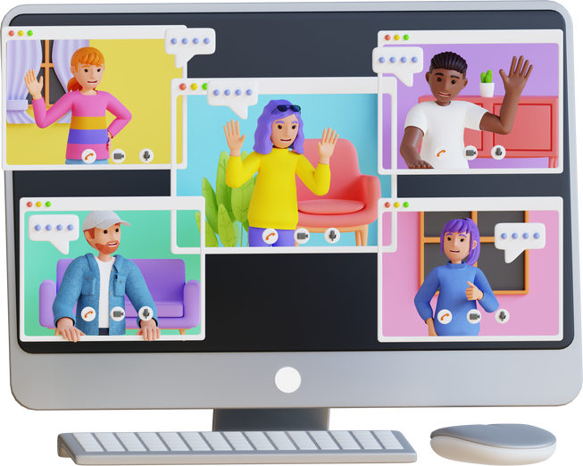 Group of friends having a video call, 3d character illustration